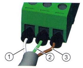 Osazení svorek konektoru řídící sběrnice k regulátoru 1 kulatý kabel - bílá žíla 2 kulatý kabel - zelená žíla (fáze +) 3 kulatý kabel - hnědá žíla osazení konektoru Zapojení ventilátorů - provozní
