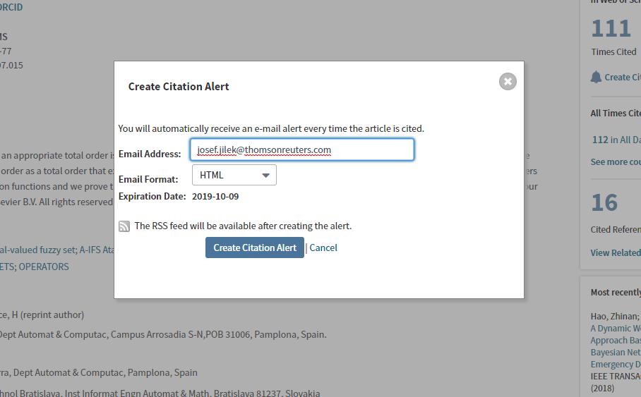 Vytvoření upozornění na citace 64 Create Citation Alert Založte citační