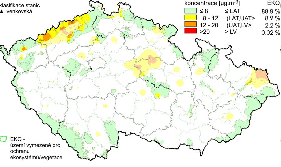 Obr. 2: Pole ročních aritmetických průměrů koncentrací SO 2