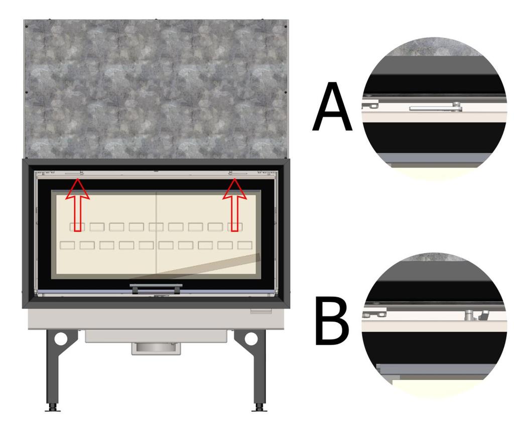 Obr. č. 15. Aretace dvířek. Legenda k obr. 15. Poloha A rám dvířek odjištěn Poloha B rám dvířek zajištěn proti vyjetí nahoru Sklo se během provozu vložky zanáší usazeninami.