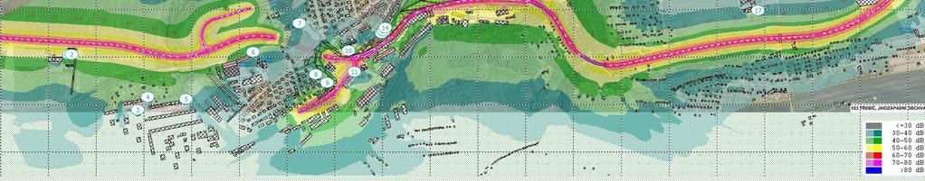 obr. 3 Zobrazení hlukových pásem CELEK, 2035 DEN HS Přeložka silnice I/23