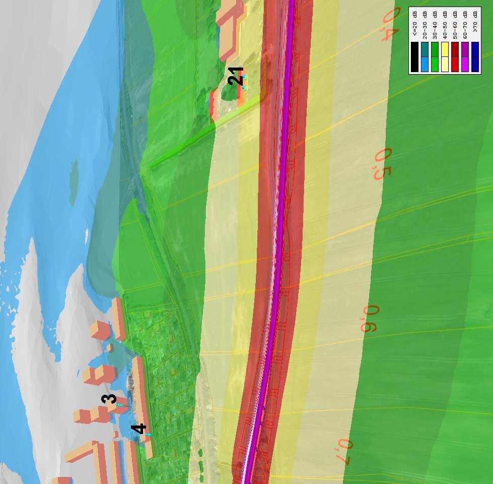 obr. 10 Zobrazení hlukových pásem detail RKB 1-6, 2035 NOC,