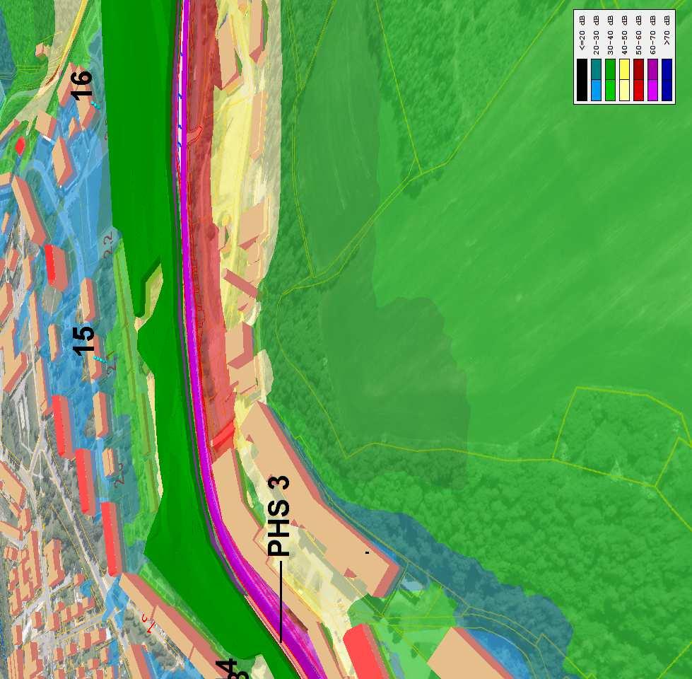 obr. 11 Zobrazení hlukových pásem detail RKB 7-16, 2035 NOC,