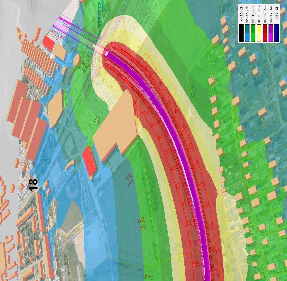 obr. 12 Zobrazení hlukových pásem detail RKB 17-18, 2035 NOC,