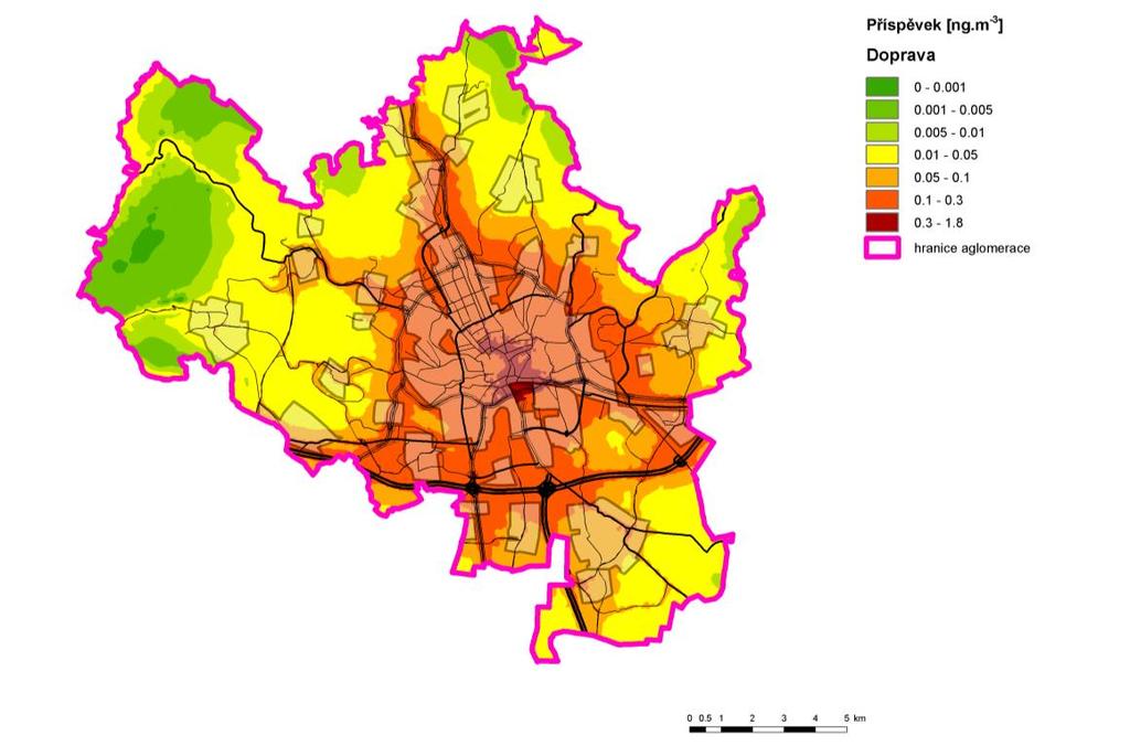 Průměrné roční koncentrace benzo(a)pyrenu Na území aglomerace CZ06A Brno bylo překročení imisního limitu prostorovou interpretací dat ČHMÚ vypočteno ve 22 městských částech.