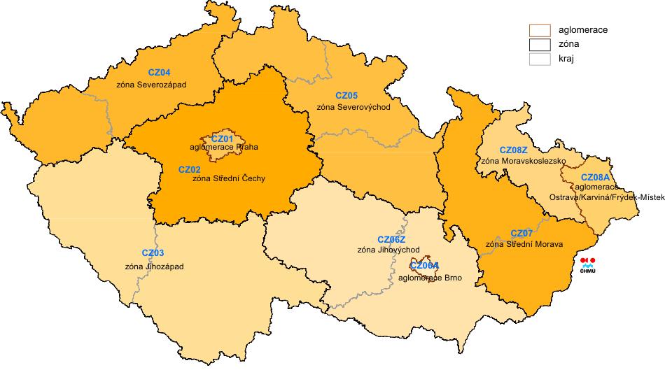 Obrázek 1: Členění ČR na zóny a aglomerace Zdroj: ČHMÚ B.1.1 Okres Brno-město Základní charakteristika Aglomerace CZ06A Brno se nachází na jihovýchodě České republiky v Jihomoravském kraji.