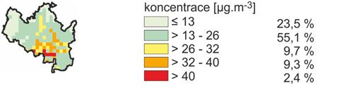 Obrázek 30: Pole průměrné roční koncentrace NO 2, aglomerace CZ06A Brno, rok 2011 Zdroj dat: ČHMÚ Při hodnocení zprůměrovaných hodnot průměrných ročních koncentrací NO 2 za pětiletí 2007