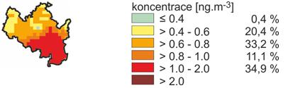 Obrázek 34: Pole průměrné roční koncentrace benzo(a)pyrenu, aglomerace CZ06A Brno, rok 2011 Zdroj dat: ČHMÚ Obrázek 35: Pole průměrné roční koncentrace B(a)P, aglomerace CZ06A Brno, pětiletý průměr