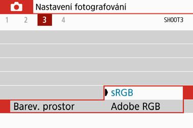 3 Nastavení rozsahu reprodukce barevn Rozsah reprodukovatelných barev se nazývá barevný prostor. U tohoto fotoaparátu lze nastavit pro fotografované snímky barevný prostor srgb nebo Adobe RGB.