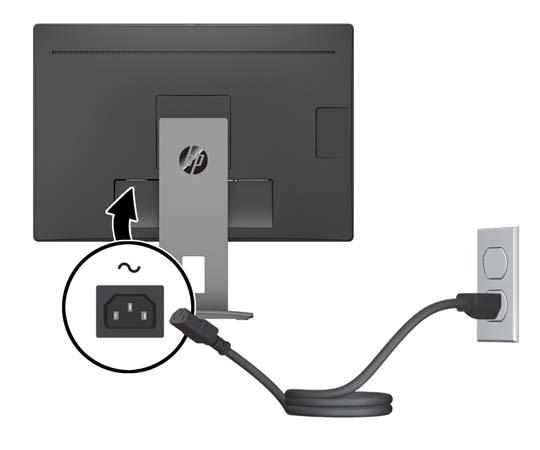 6. Jeden konec napájecího kabelu střídavého proudu zapojte do napájecího konektoru umístěného na zadní části monitoru a druhý konec do zásuvky střídavého proudu. VAROVÁNÍ!