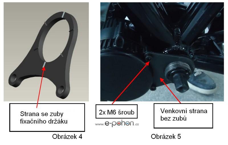 4. Fixační držák nasuňte na závit středové osy (zuby na povrchu dovnitř) a přišroubujte k motorové jednotce pomocí 2ks imbus šroubů M6*10 (obrázek 4 a 5)