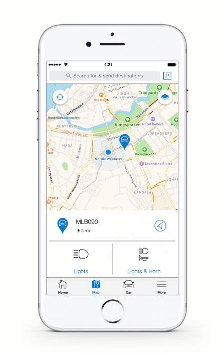 MAPA Na mapě aplikace Volvo On Call zjistíte, kde je Váš vůz zaparkován a kde se momentálně nacházíte Vy, přičemž si zde zároveň můžete najít destinaci, kterou lze následně odeslat do navigačního