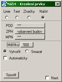 zjišťování průběhu hranic. Kresbu jsem vytvářel z vyvolaného okna, které je umístěno v menu Náčrt > Kresba elementů náčrtů.