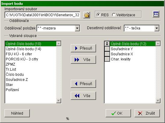 Obrázek 5-15: Import bobů do databáze Zde je možno nakonfigurovat vstupní veličiny importovaných dat. Než jsou body uloženy do databáze, je provedena kontrola čísel bodů.