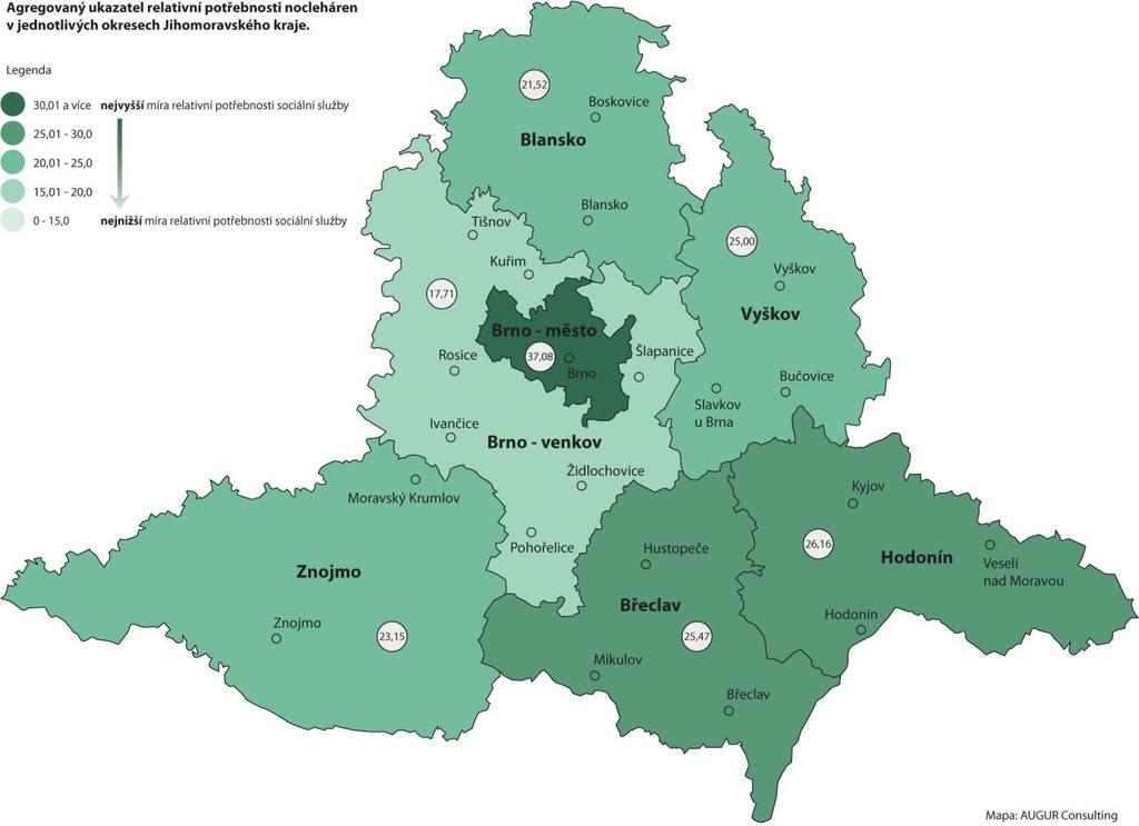 Mapa č. 16: Agregovaný ukazatel relativní potřebnosti nocleháren v jednotlivých okresech Jihomoravského kraje. Tabulka č. 16: Seznam nocleháren v Jihomoravském kraji.