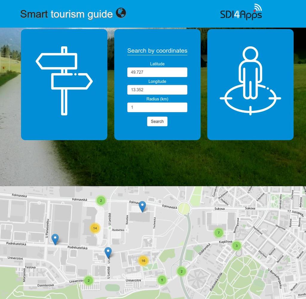 3.4 Vyhledávání dat Aplikace nazvaná Smart tourism guide (Obrázek 5) umožňuje vyhledávat body zájmu na určitém území bez znalosti dotazovacího jazyka SPARQL.