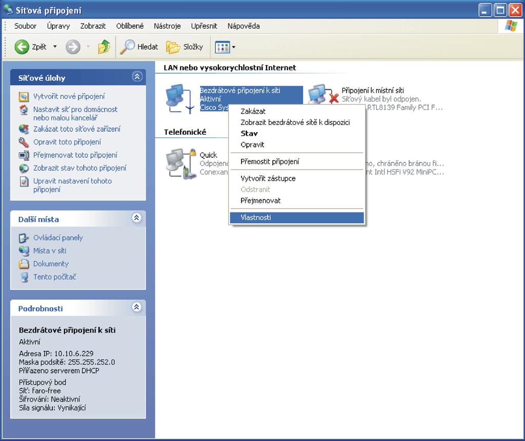 Na této kartě v oddíle LAN nebo vysokorychlostní internet klikneme pravým tlačítkem myši na položku Bezdrátové připojení k