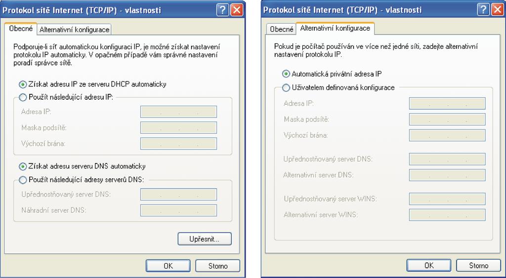 Zde nastavíme na kartě Obecné (obr. 6 a) pomocí radio butonů volby Získat adresu IP ze serveru DHCP automaticky a Získat adresu DNS serveru automaticky. Na druhé kartě (obr.