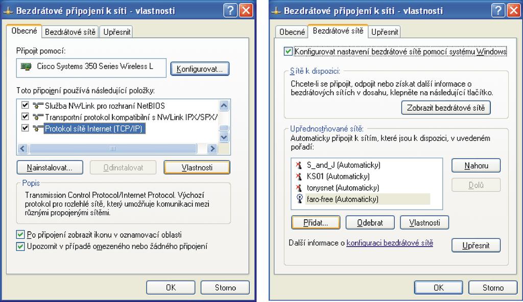 25) si vybereme druhou kartu Bezdrátové sítě, kde v druhém oddíle nejprve odebereme farofree a následně klikneme na tlačítko Přidat. Obr.