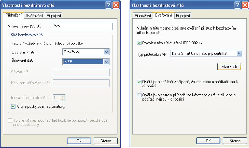 Obr. 26: Vlastnosti bezdrátové sítě Ve Vlastnostech karty Smard card nebo jiného