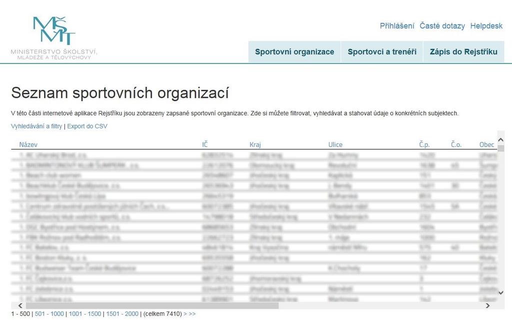 Strana: 9 2.1 Záložka Sportovní organizace V této části internetové aplikace Rejstříku (viz Obr. 2) jsou zobrazeny zapsané sportovní organizace.
