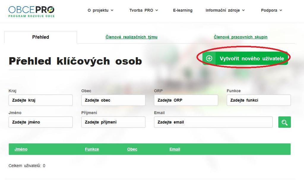 Obr. 8: Vytváření nového uživatele Pokud chcete do tvorby dokumentu přizvat další spolupracovníky, v záložce Klíčové osoby můžete udělovat přístupy do aplikace Vašim