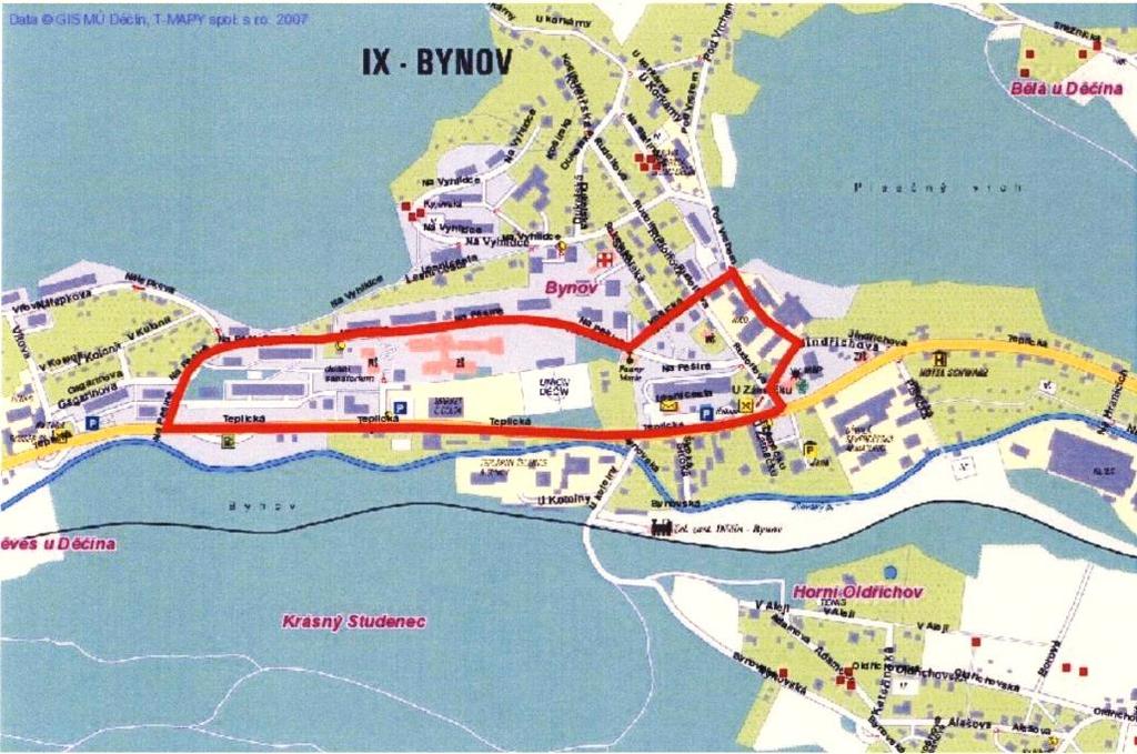 Příloha č.8 k obecně závazné vyhlášce č. 2/2008 Děčín IX Veřejné prostranství ohraničené ulicemi včetně: 1) křižovatka ul. Teplická s ul. Na Pěšině - ul. Na Pěšině - křižovatka ul. Na Pěšině s ul.