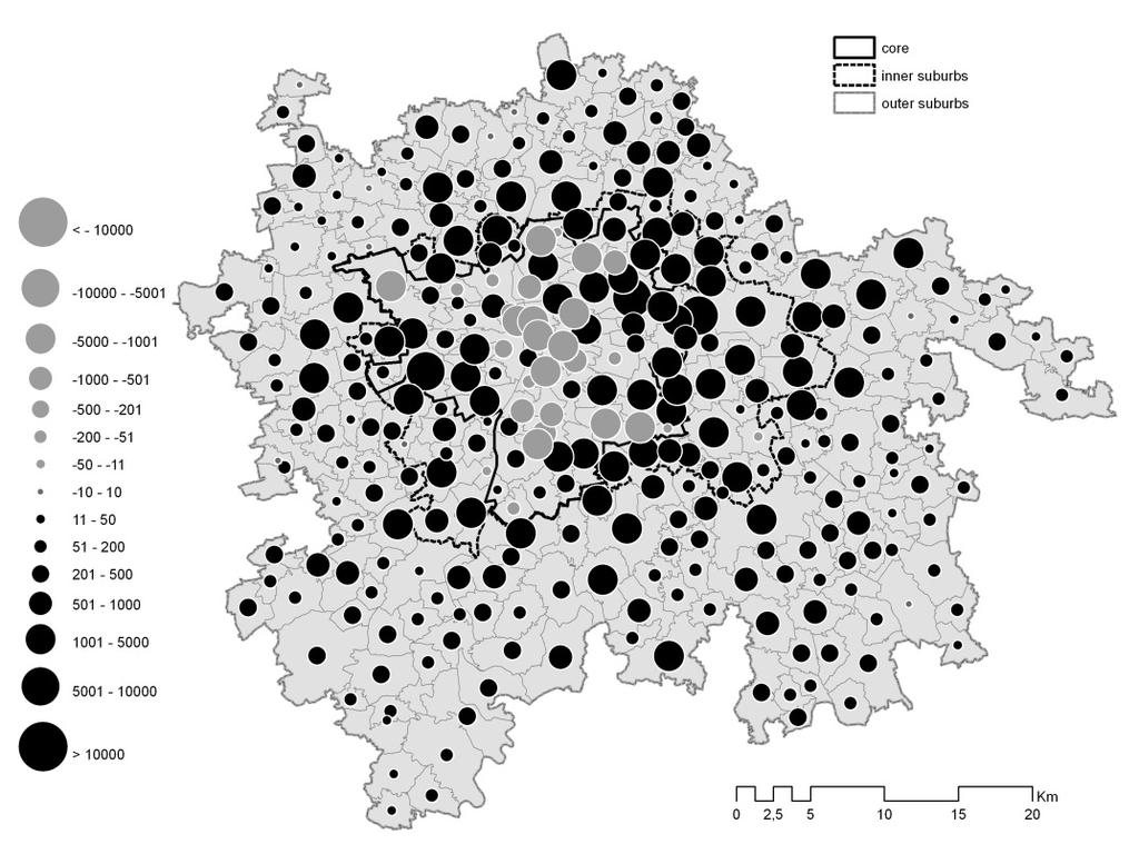 Populační růst 1991-2001 ABS Populační růst 2001-2011 population change ABS 1991-2001 2001-2011 1991-2011 Prague -45 068 103 584 58 516 core -52 251 58 840 6 589 inner suburbs 7 183 44 744 51 927