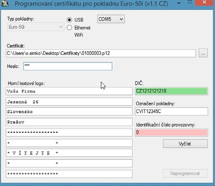 Programování pokladny Cesta k certifikátu se hned objeví v řádku s názvem Certifikát: v okně Programování certifikátů