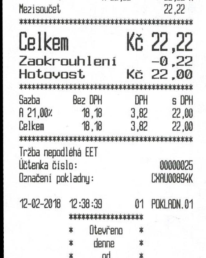 Obsluha pokladny v registračním režimu V režimu Bez EET pokladna nebude posílat účtenky na EET server nebude ukládat účtenky do seznamu neodeslaných účtenek (pro dodatečné odeslání účtenky) nebude