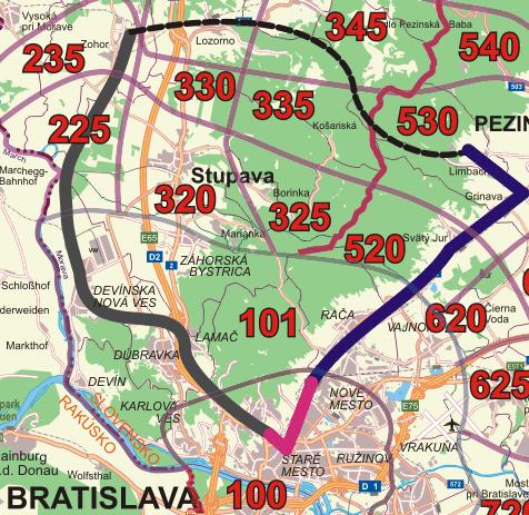 36 Autobusom SAD sa vezie cez zóny 530, 520, 101 a vystúpi v zóne 100, napríklad na ŽST Vinohrady, využije linku MHD č. 3 ŽST Vinohrady Hlavná stanica a pokračuje vlakom Bratislava Zohor domov.