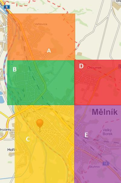 Obrázek 2.1 Lokality bydliště v Mělníku Graf 2.15 nabízí výsledky podle definovaných lokalit. Z grafu vyplývá, že nejčastěji sportují žáci a studenti s bydlištěm v lokalitě C a D.