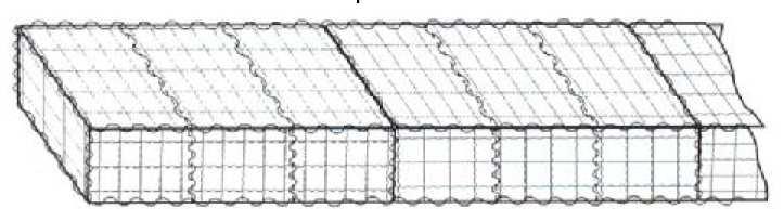 Stavíme-li zeď o více vrstvách gabionů nad sebou, přišíváme společně s víkem spodní vrstvy, které je zároveň dnem další vrstvy, rub, líc příčky této další vrstvy.
