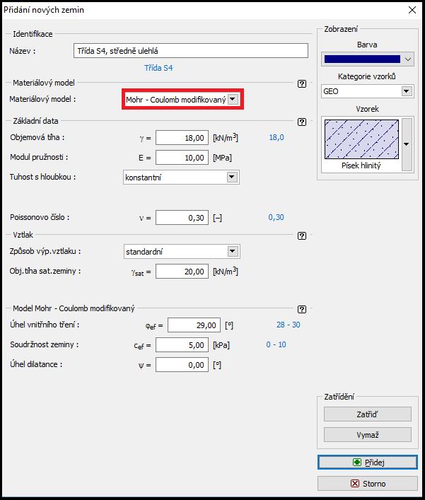 Dialogové okno Přidání nových zemin Poznámka: Při výpočtu pažících konstrukcí je nutné zavést kontaktní prvky