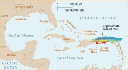 dně, projevuje se v i gravitačně (na výšce geoidu) hranice Karibské desky a