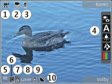 Foto-Video 84 Nahrávání videa Indikátory při nahrávání videa Videohledáček zobrazuje následující údaje: 1 Indikátor režimu snímání 2 Indikátor zapnutí stabilizátoru obrazu 3 Indikátor vypnutí zvuku 4