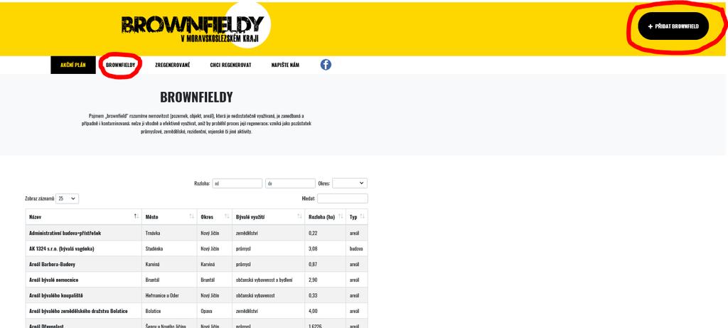 3. Záložka BROWNFIELDY Po prokliku na kolonku Brownfieldy se zobrazí abecedně řazený seznam zveřejněných BRFs.