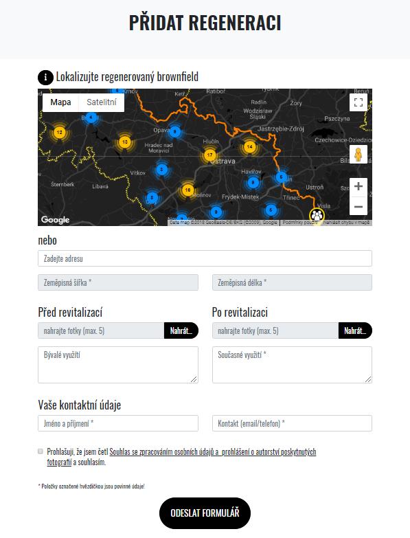 Pro prokliku na tlačítko Přidat regeneraci se zobrazí formulář k vyplnění. V úvodu formuláře je třeba regenerovaný brownfield lokalizovat, a to ideálně jeho středovým bodem.