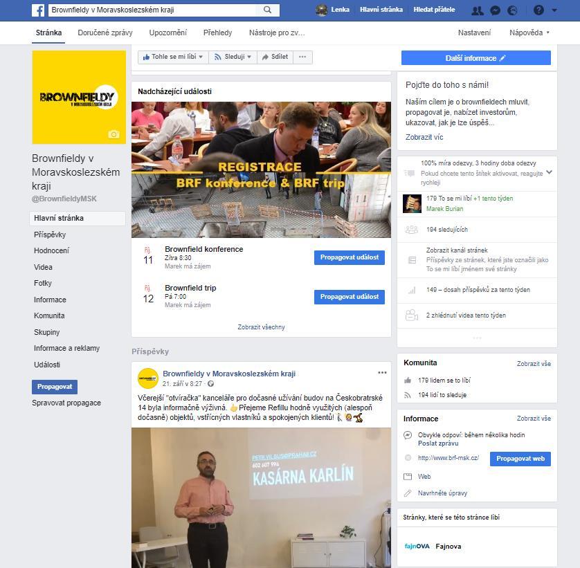 Proklikem na ikonku Facebook se dostanete na facebookové stránky s adresou https://www.facebook.com/brownfieldymsk/, které navazují tematicky na webovou stránku www.brfmsk.cz.