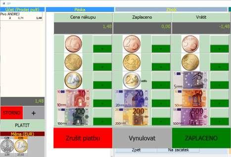 Po stisknutí tlačítka Platit je vyvolán kalkulátor vrácených čásek