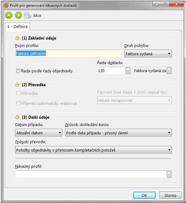 Popis profilu - jméno, které uvidíte v seznamu vytvořených profilů, nejlépe takové, které usnadní orientaci při práci s programem. Druh pohybu - typ dokladu, který se bude profilem generovat.