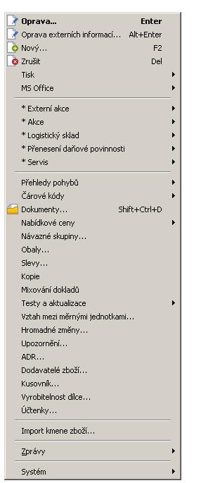 4.2 Volby místní nabídky V přehledu Zboží a služby najdete na PT myši (pravé tlačítko) následující volby místní nabídky: 4.2.1 Přehledy pohybů Přehled skladů - zde se zobrazí čísla a názvy skladů, na kterých je vybrané zboží (jehož záznam je označen kurzorem) zařazeno.