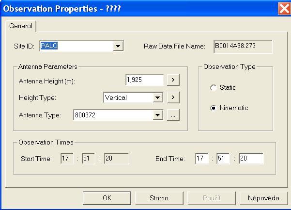 dialog Observation Properties (vlastnosti observace) zde můžeme oříznout