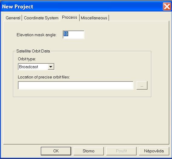 V záložce Process nastavte elevační úhel ve stupních a typ
