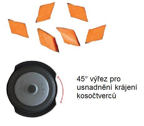 6 TIP: Podle tvrdosti ovoce/zeleniny bude nutné tlačit na klobouček, aby se V-ostří posunulo dolů. Krájení rajčat na kostky použijte nástavec Julienne s noži 10 mm.