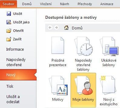 Nová prezentace ze šablony Následuje úprava předlohy snímků (viz část 6) Vytváření jednotlivých snímků: Domů - Nový snímek a vybrat vhodné rozložení, samozřejmě doplnit texty a další prvky (části 9