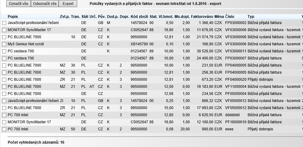 Export dat do formátu CSV Do exportu dat pro INTRASTAT budou zahrnuty pouze zaškrtnuté faktury. V horní ovládací liště jsou umístěna tlačítka pro hromadné označení / odznačení faktur.