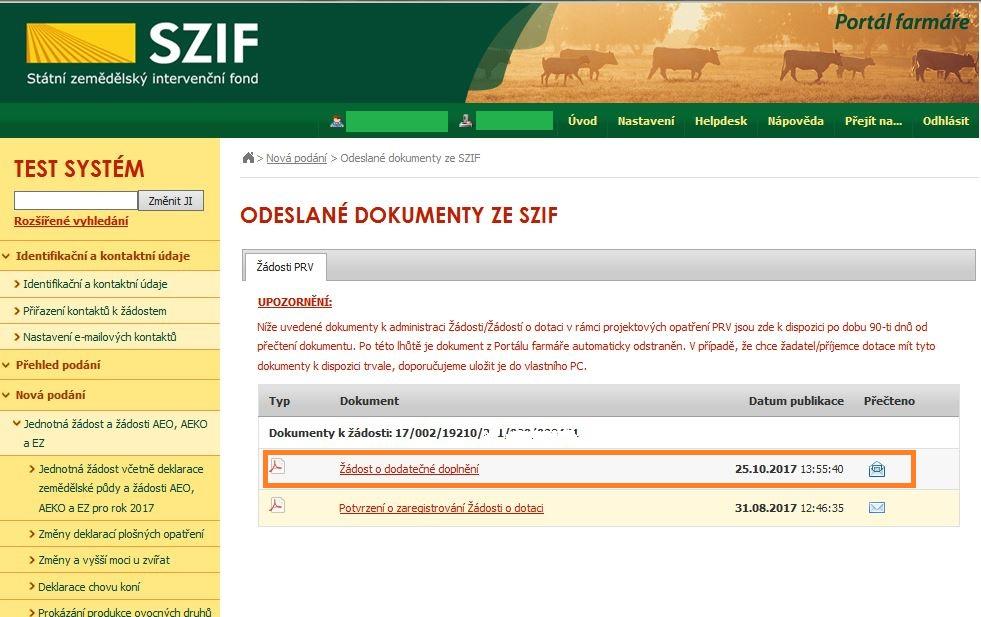 Obr. 4: Umístění Žádosti o doplnění neúplné dokumentace/žádosti o dodatečné doplnění Po kliknutí na Žádost o doplnění neúplné dokumentace/ Žádost o dodatečné doplnění (obr.