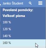 Prejdením myšou ponad tlačidlo menu na pravej strane vrchného panela sa zobrazí menu s možnosťami pre zobrazenie pomôcok v teste a pre zmenu veľkosti písma textu.