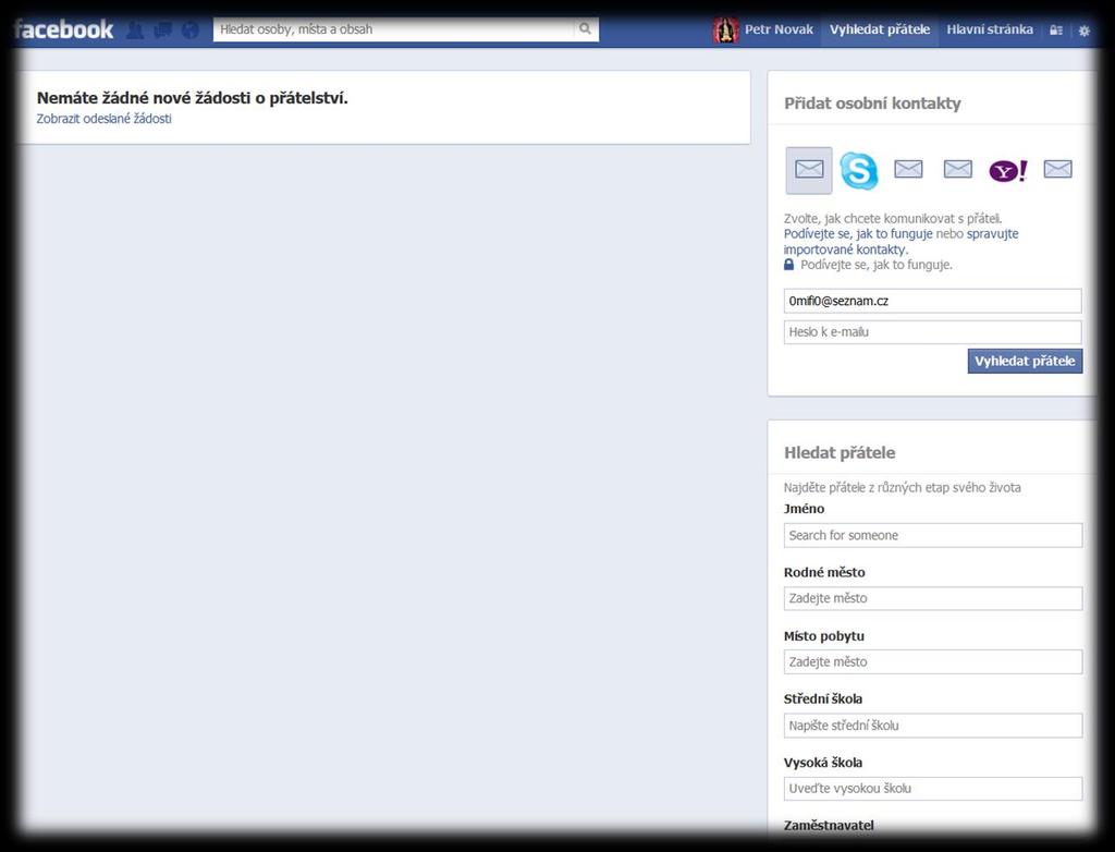 3.2 Nalezení přítele a jeho přidání mezi přátele Obr. 3.2.1 Úvodní obrazovka po přihlášení Obr.